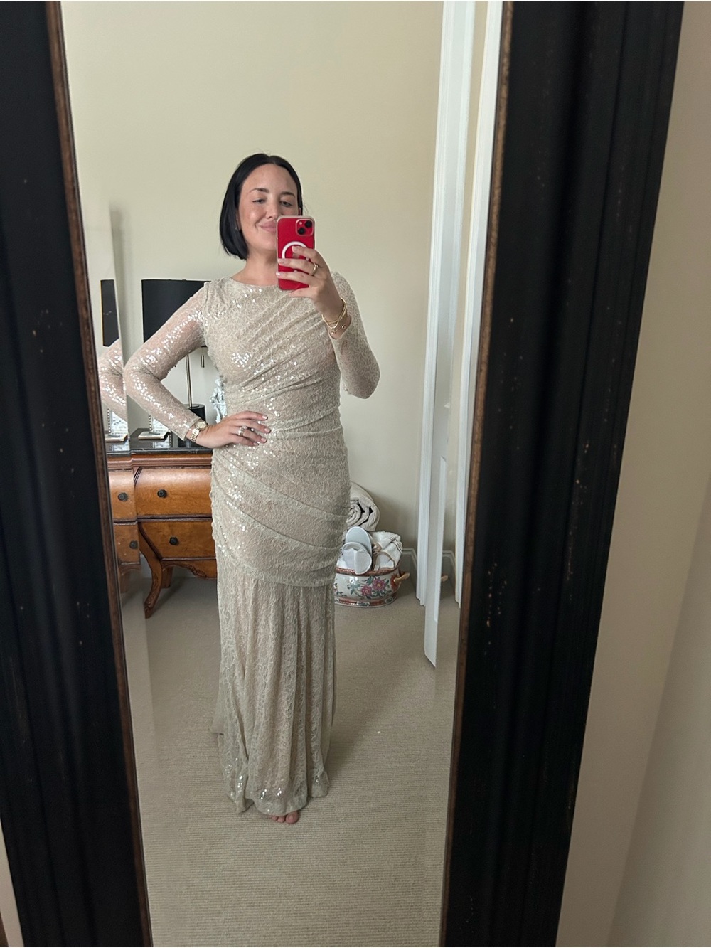 Carmen Marc Valvo Champagne Sequin Long Sleeve Gown